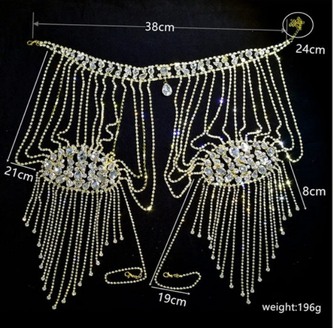 Rhinestone Shoulder Chain Wedding Dress Long Shoulder Belt Multi-Layer Tassel Body,Silver