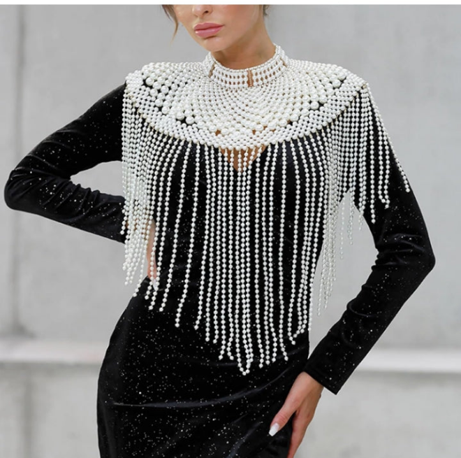 Tassels Pearls Shawl for Wedding Dress Fashion Shoulder Chain for Evening Gown Elegant Body Chain for Formal Occasion