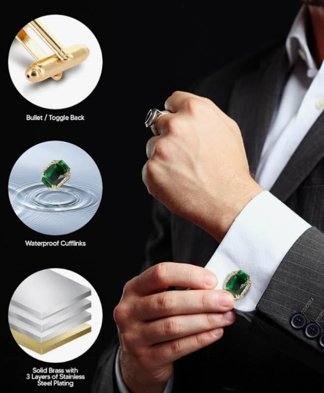 Rectangular Colored Diamond Flanked Crystal Cuff Links
