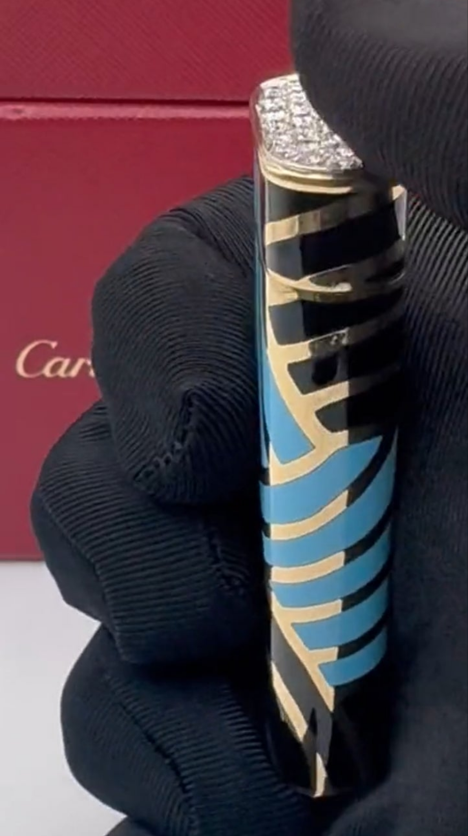 18k Gold Cartier Gold and Enamel Lighter with paved diamond cap