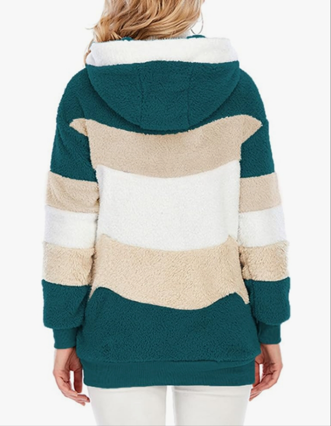 Fuzzy Fleece Jacket Hooded Color Block Patchwork Cardigan Coats Outerwear with Pockets