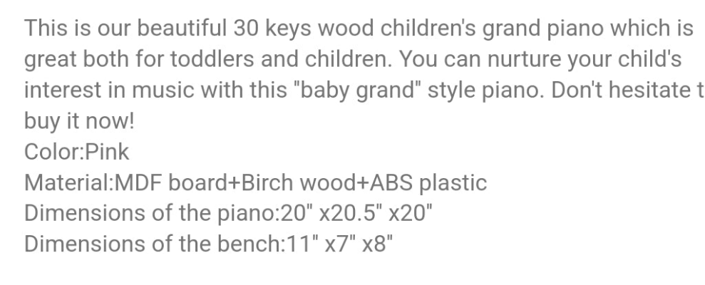 30 key Childs Toy Grand Baby Piano w/ Kids Bench Wood