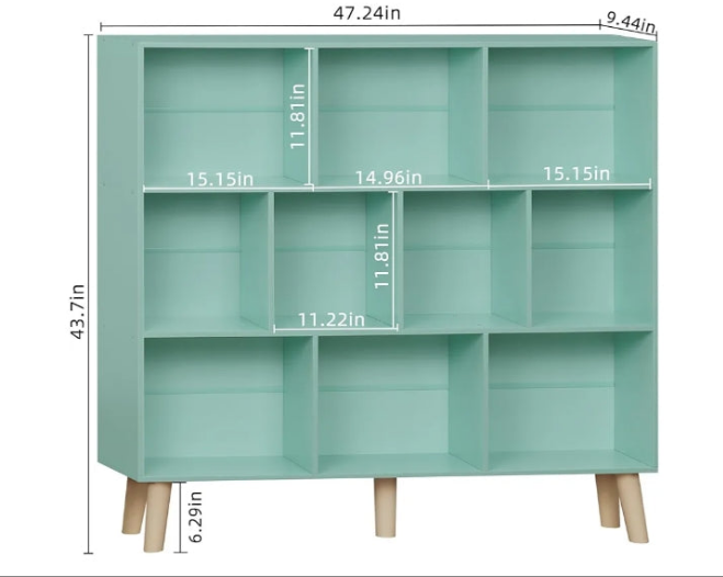 10 Cube Bookshelf,3 Tier Modern Wide Bookcase with Legs,Mid-Century Wood Bookshelves Storage,Mint-Green Large Book Case,Freestanding Organizer Display Shelf for Bedroom,Living Room,Office