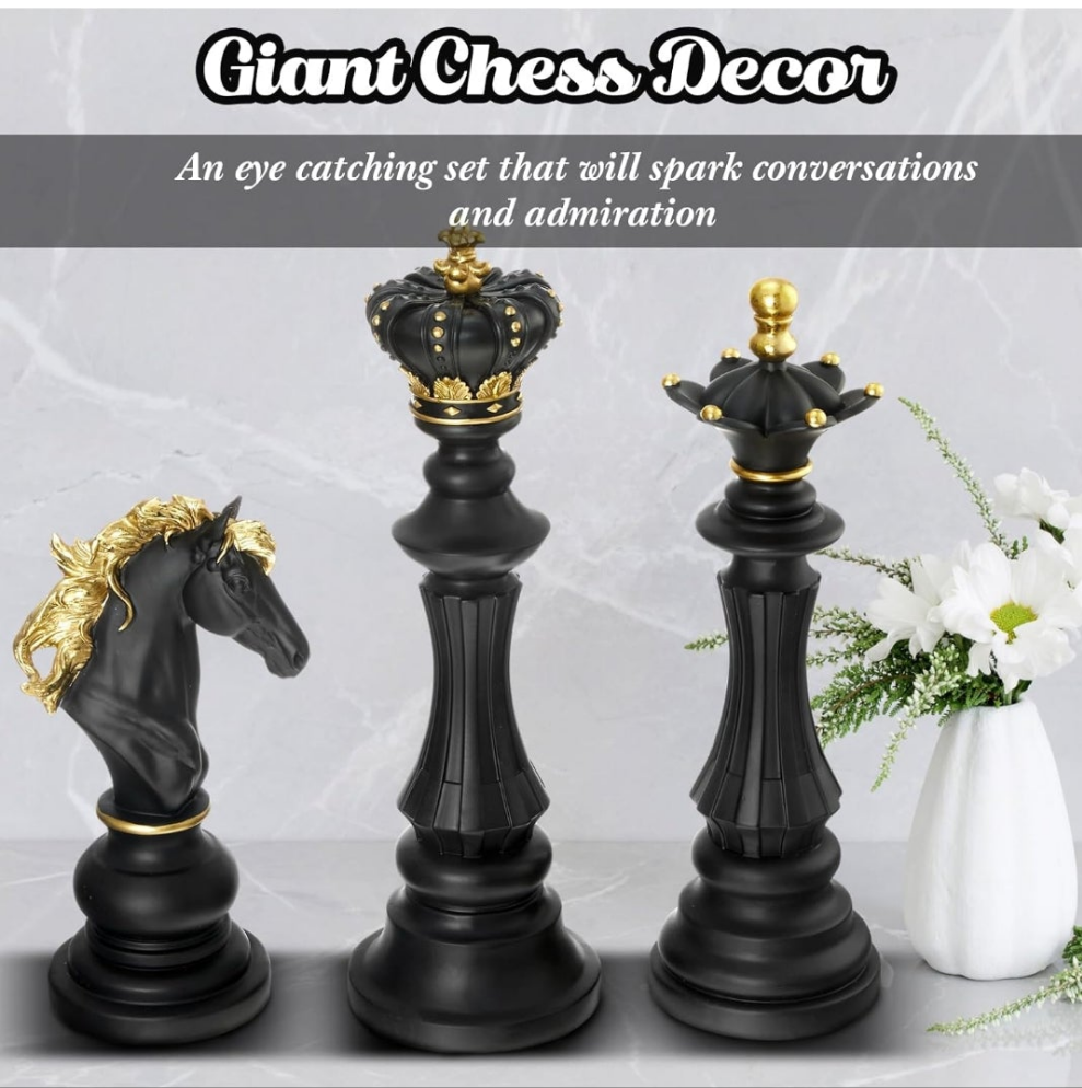 Chess Statue Decor Piece - 16" Tall Decorative Resin Sculpture - Large Game Figure Decoration Ornament for Home, Office, Study - White King