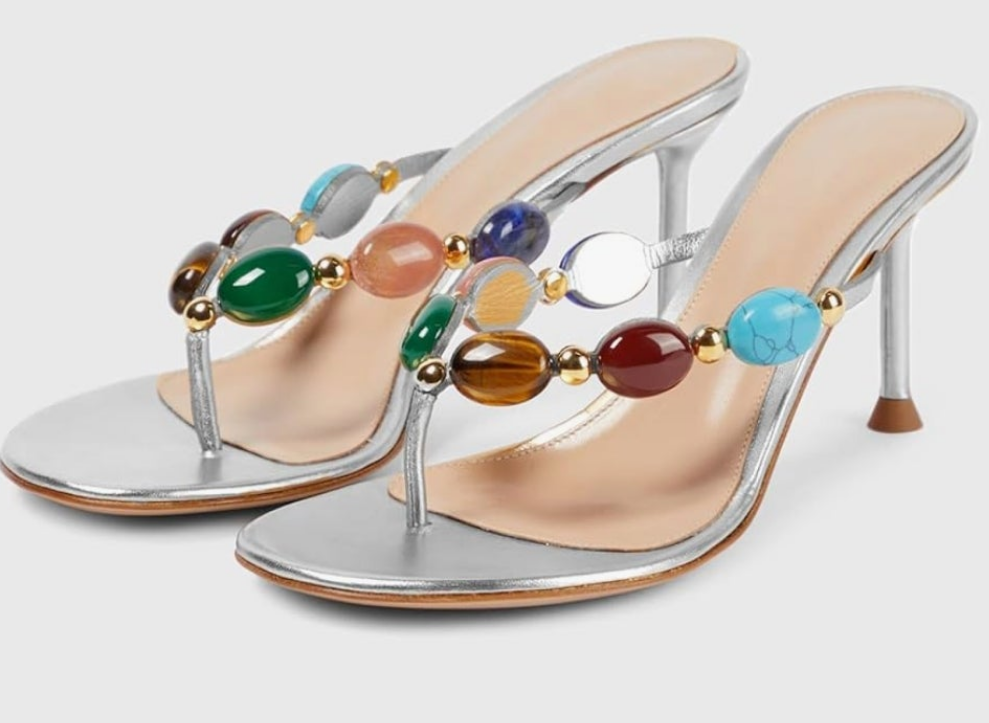 Jeweled Thong Strappy Sandal Summer Mules Kitten Heels Flip Flop Round Open Toe Mid Heels Fashion Wedding Party Dress Thong Casual Shoes