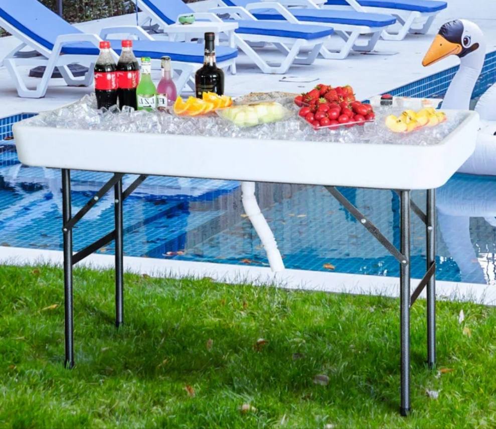Portable Party 4 FT. Folding Ice Cooler Table with Removable Matching Skirt and Drain HoseIce folding table comes with a drain hose