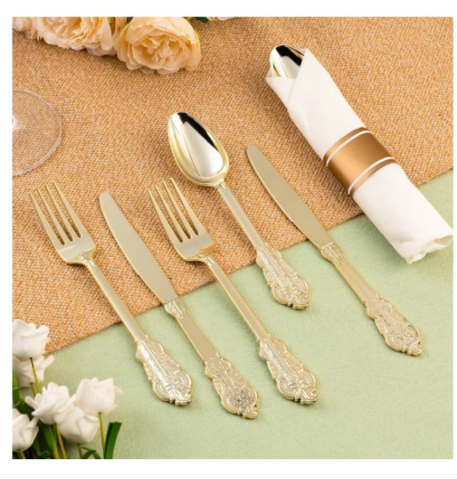 100 Pack Gold Plastic Silverware with Pre Rolled Napkins for 100 Guests, Heavyweight Gold Disposable Utensils Sets Includes 300 Plastic Cutlery, and 100 Napkins for events
