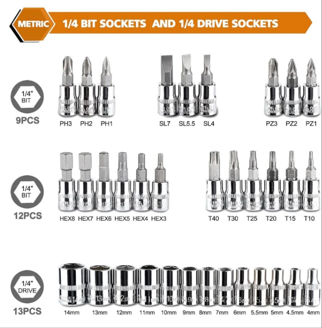 Egofine 46 Pieces 1/4 inch Drive Socket Ratchet Wrench Set, with Bit Socket Set Metric and Extension Bar for Auto Repairing and Household, with Storage Case