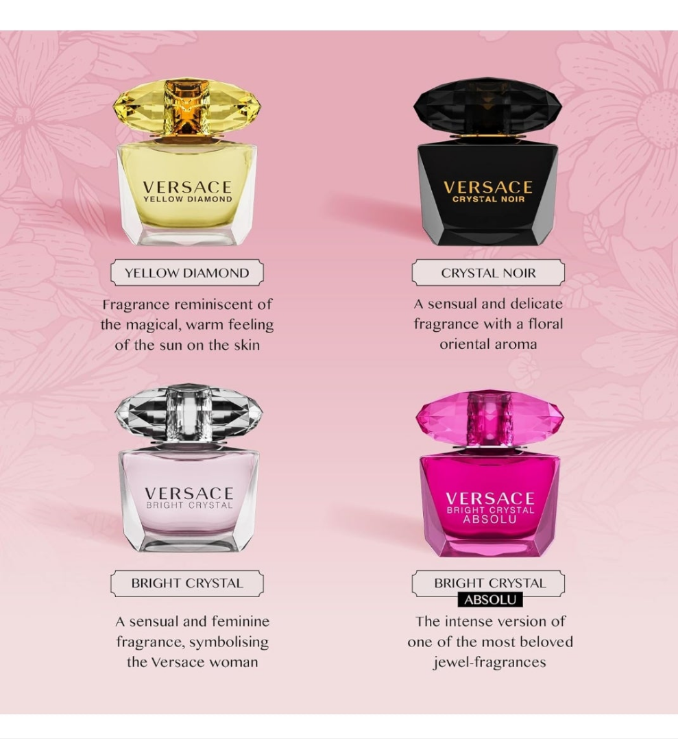 Versace Perfume for Women Set of 4 Mini, Bright Crystal, Yellow Diamond, Crystal Noir, Bright Crystal Absolu, Perfume for Women Fragrance Sampler Set Designer Womens Samples (4 Count, 0.17 oz)