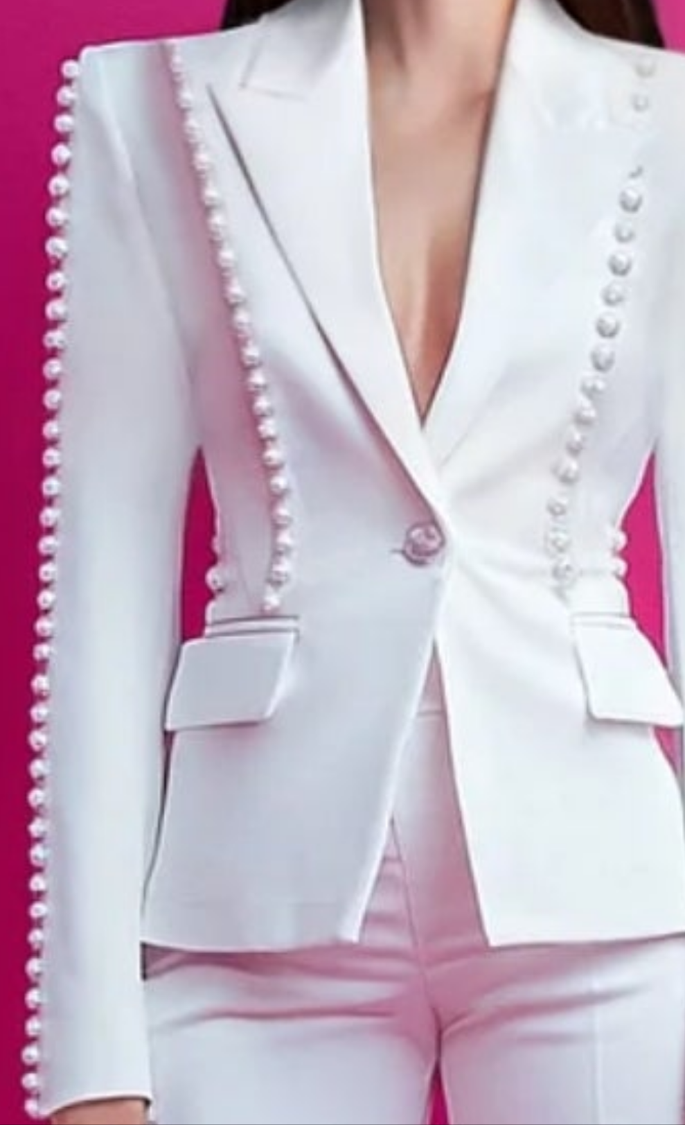 COCOMONEY Pearl Embellished Blazer Flare Leg Two Piece Pant Set-White
