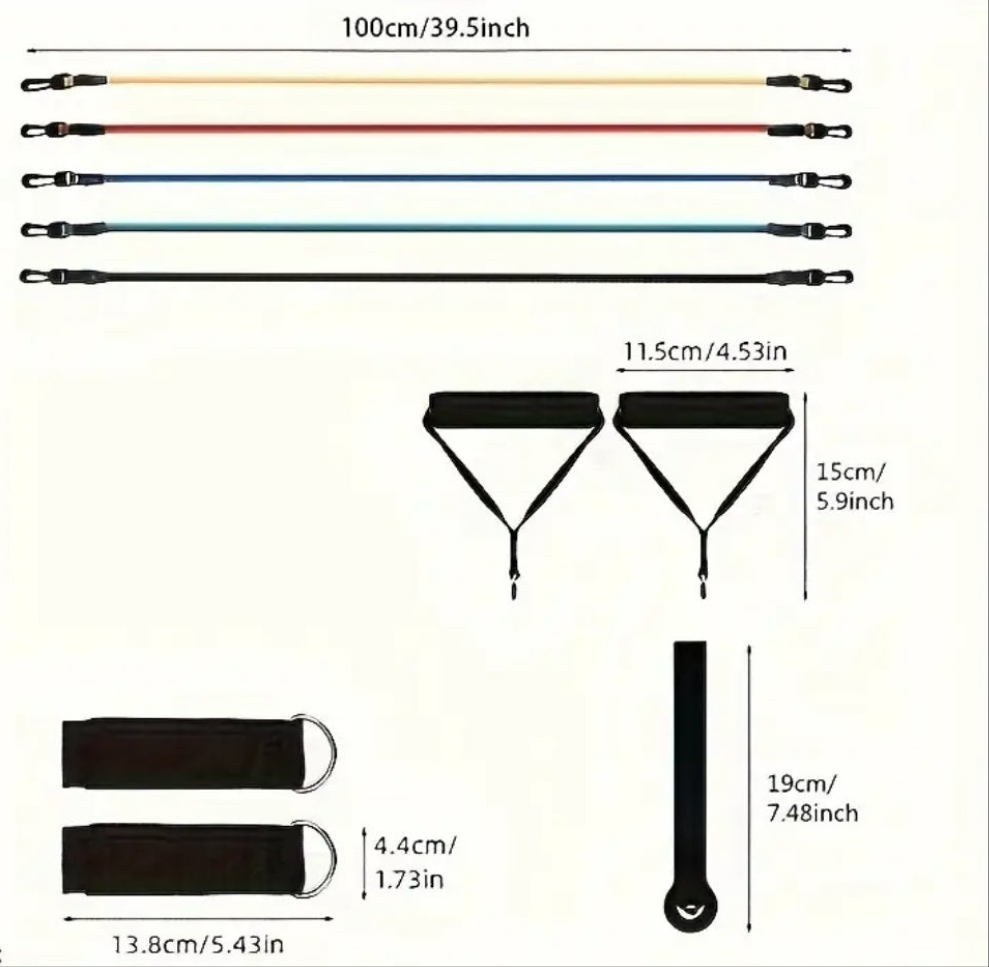 11 piece resistance bands set with door anchor handles ankle straps carry bag.
