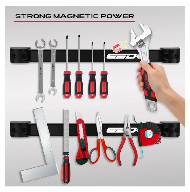 Magnetic Tool Holder Storage Organizer: 7-Piece Garage Wall Mount Rack Organization Strip Power Magnet Organizers Mounted Workbench Board Slatwall Van Hanger