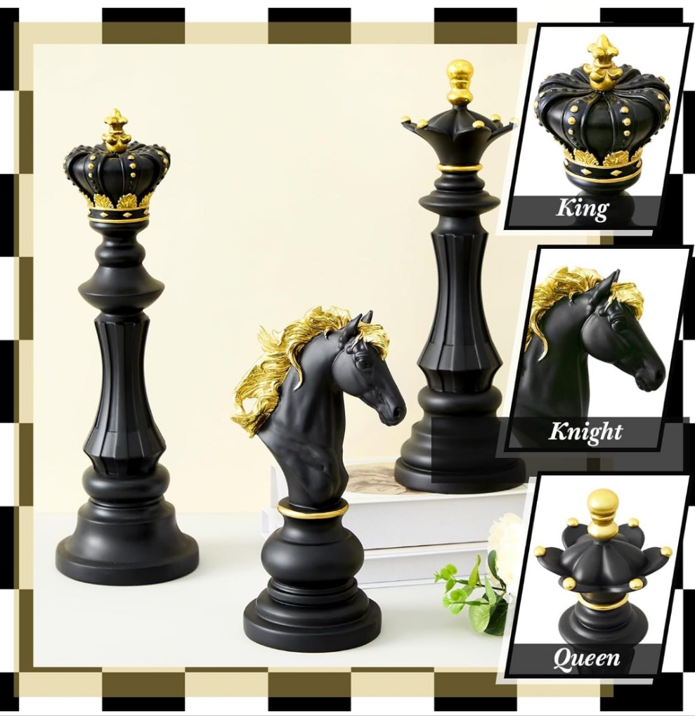 Chess Statue Decor Piece - 16" Tall Decorative Resin Sculpture - Large Game Figure Decoration Ornament for Home, Office, Study - White King