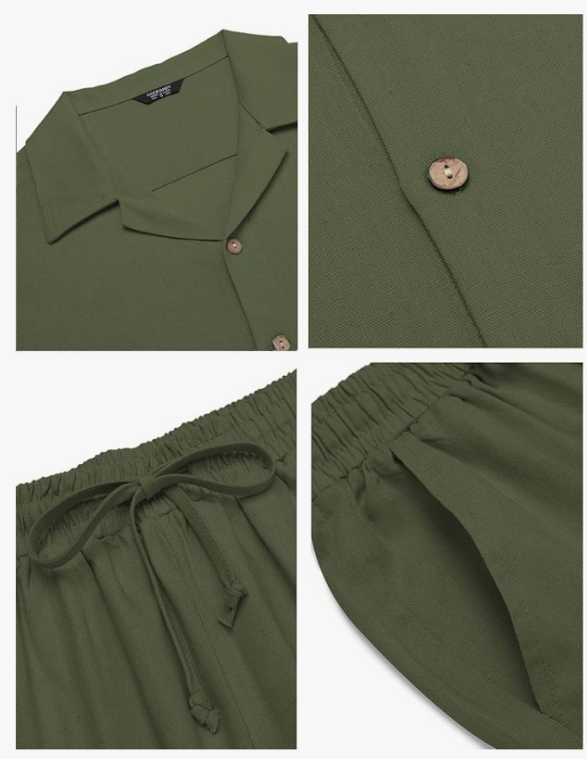 Men 2 Piece Linen Outfit Beach Button Down Shirt Casual Loose Pant Sets