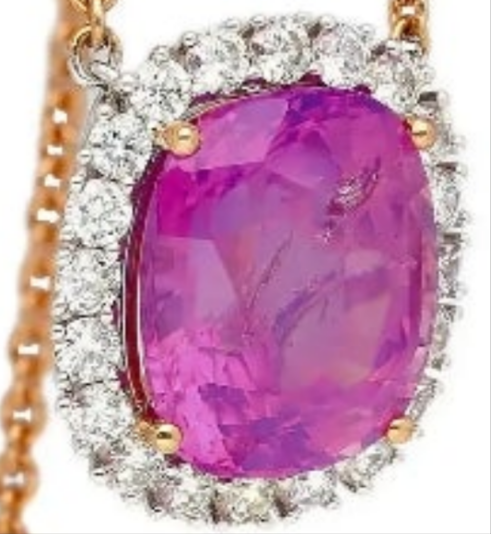 AGL Certified 10.26 Carat Cushion Cut Pink Sapphire, Ruby, & Diamond Necklace