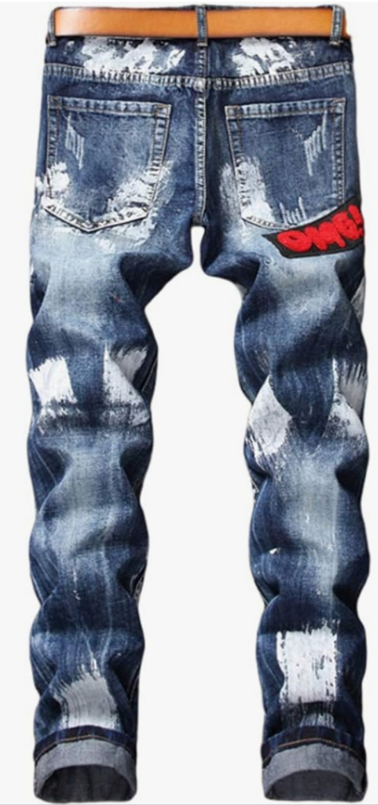 Men's Ripped Straight Slim Moto Biker Jeans