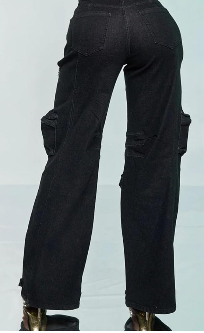 High Waisted Cargo Jeans Rhinestones Bling Stretchy Baggy Denim Pants with Flap Pockets