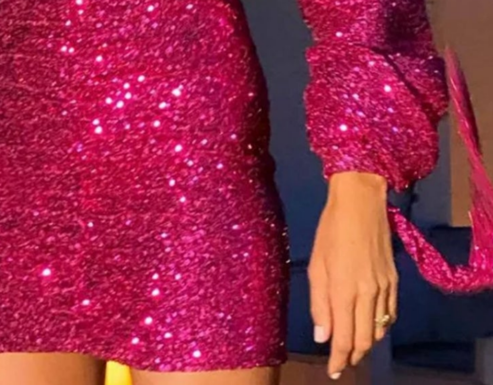 COCOMONEY Ruched Puff Sleeve Straps Sequin Dress-Hot Pink