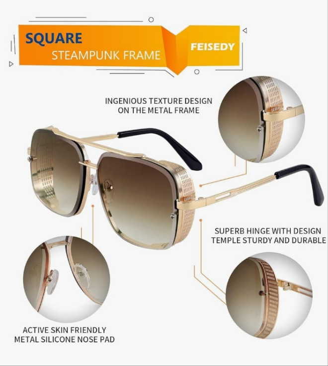 Sunglasses Mens Women Vintage Pilot Square Trendy Metal Steampunk Fishing Driving Sun Glasses