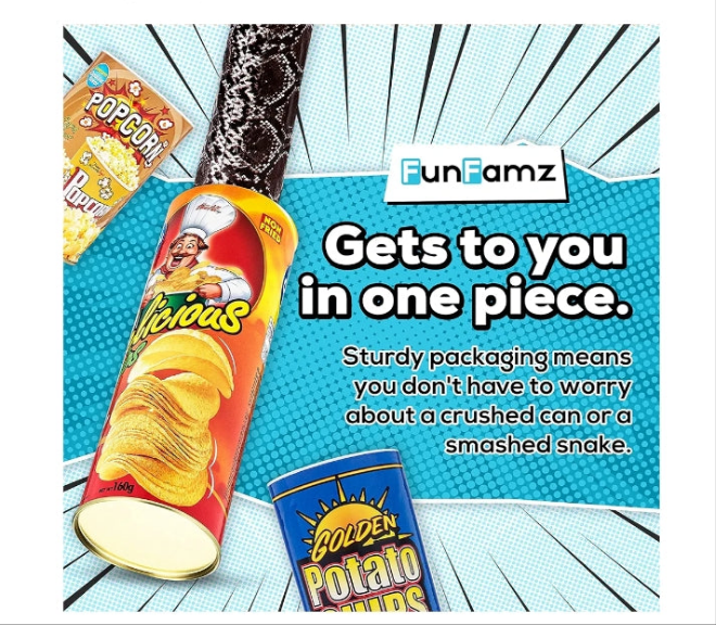 The FunFamz Original Snake in a Potato Chip Can Prank-Funny Classic Snake in a Can Prank for Kids, Snake in a Can Trick Gag Gift Toy & Scary Shock Snake Trick, Spring Snakes Prank, Red Potato Chip Can