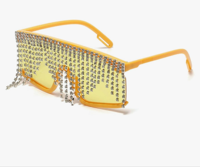 Super fun Mask Rhinestone Tassel sunglasses for women, frame embedded