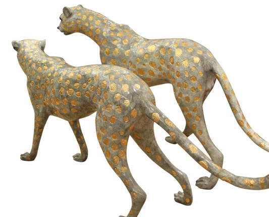 Pair of Golden-Plated Cheetahs Bronze Statue - Size: 58" L x 10" W x 31" H.