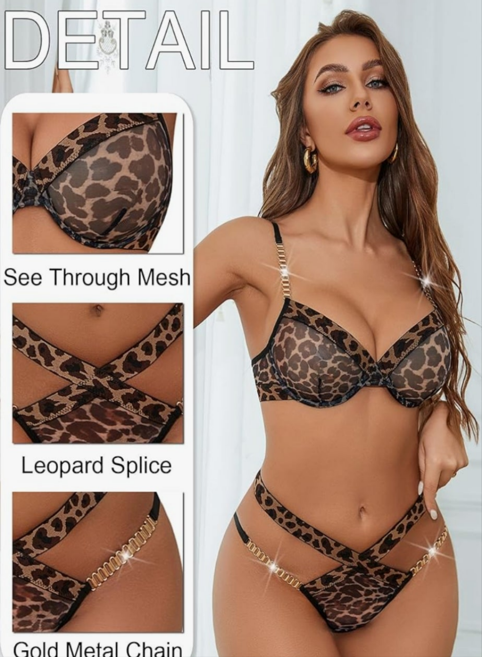 Sexy Lingerie Set Mesh See Through Underwire Bra Panty Set Leopard Splice Push Up Lingerie with Chain Cocomoney
