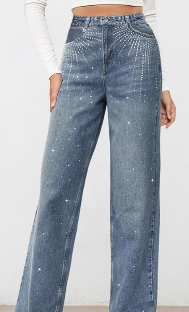 Rhinestone Jeans High Waist Sright Leg Denim Pants Trousers Streetwear