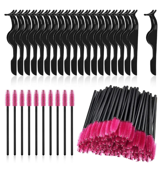 24 Pieces Plastic Eyelash Extension Tweezers False Eyelash Applicator Tool Eyelash Auxiliary Clip and 100 Pieces Eyelash Brush Mascara Wands Applicator for Eyelash Application (Pink)