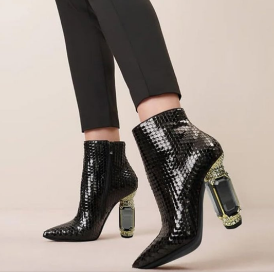 Pointed Toe Crystal Chunky Block High Heel Ankle Boots Glossy Side Zipper