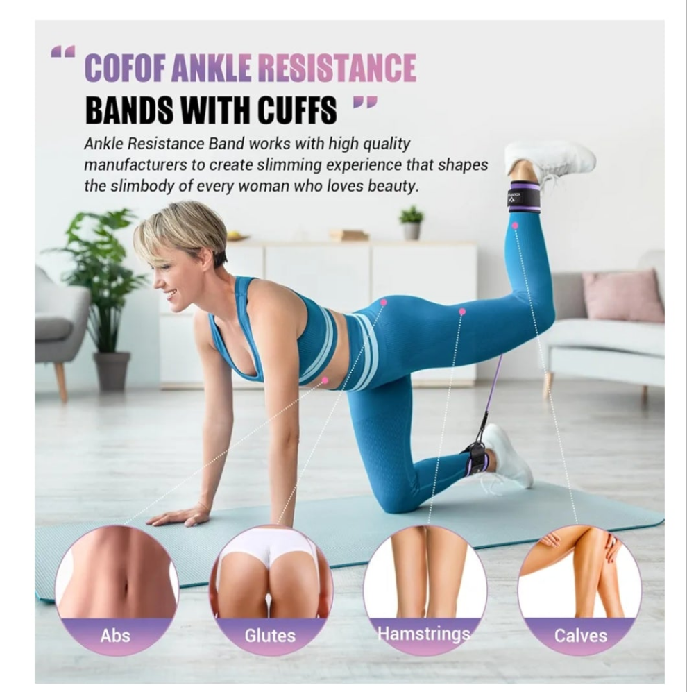 Ankle Resistance Bands with Cuffs, Ankle Bands for Working Out, Ankle Band Cuff for Kickbacks Hip, Leg Glute Exercise Equipment with Training Poster, Resistance Band with Ankle Cuffs for Women