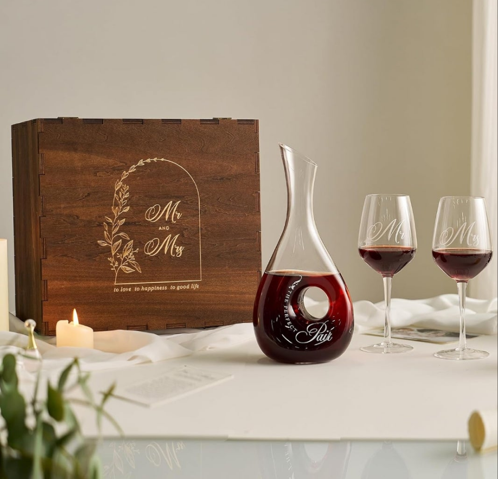 Mr and Mrs Wine Glasses and Decanter Set, Wedding Bridal Shower Engagement Gift for Couples, Wedding Glasses for Anniversary Bride Bachelorette with Wood Keepsake Box