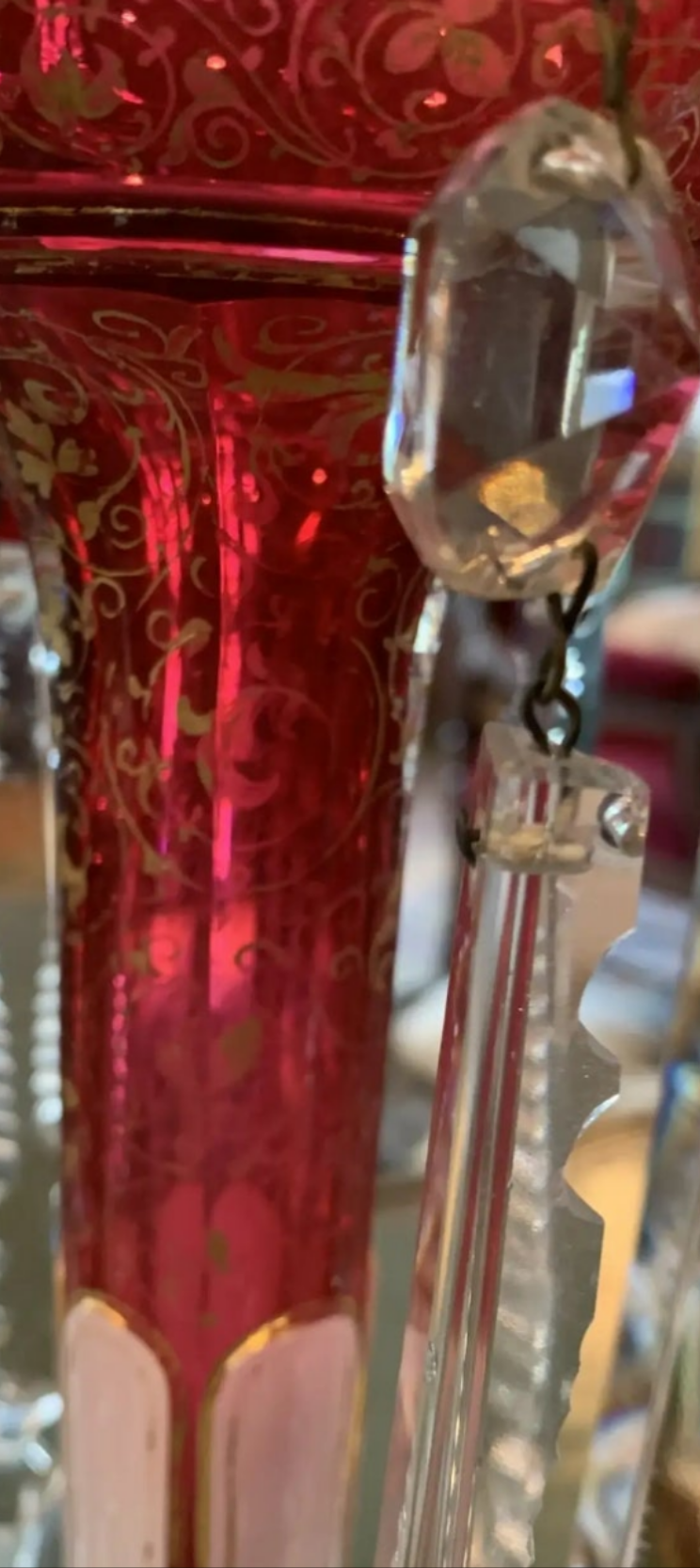 Pair of antique Moser Bohemian cranberry overlay hand painted lusters, circa 1900s cranberry glass