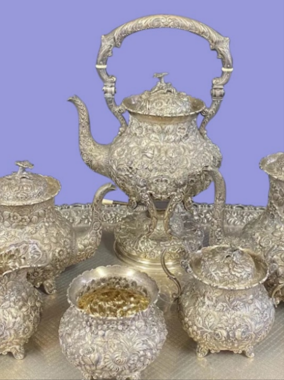 Sterling Silver Repousse Tea Service 7 Piece Set w/Tray A.G. Schultz