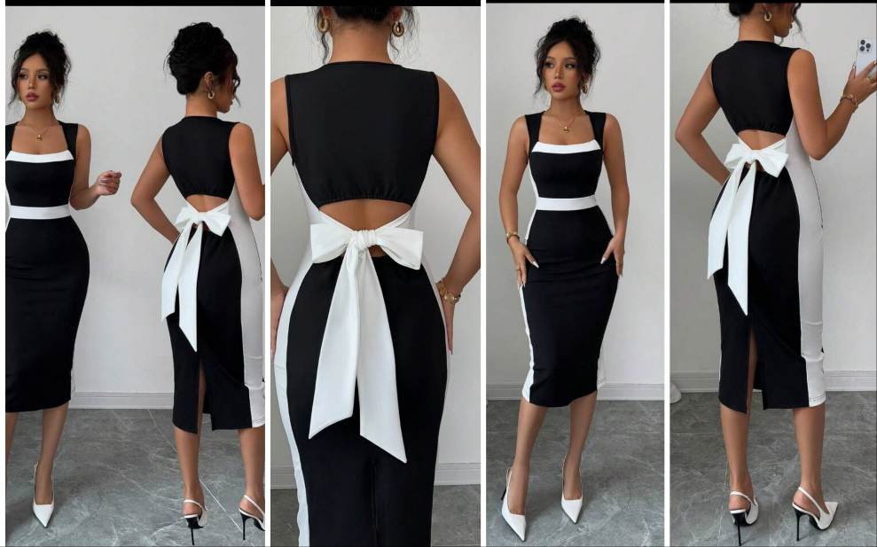 Hollow-Out Bowknot Back Black & White Contrast Square Neck Sleeveless Long Dress, Elegant Casual, Spring/Summer