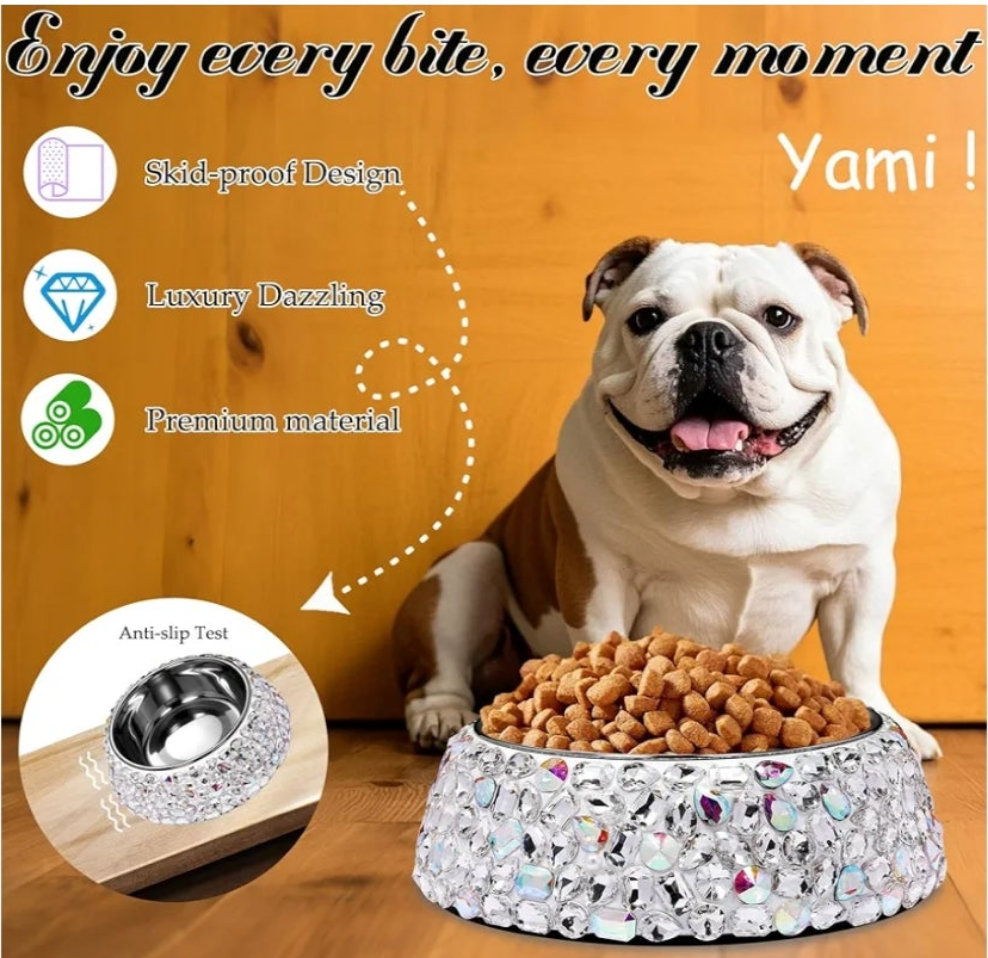 Rhinestone Pet Bowls, Bling Dog Cat Bowl Stainless Steel for Pets Food Water Dishes-2 Pack or single bowl