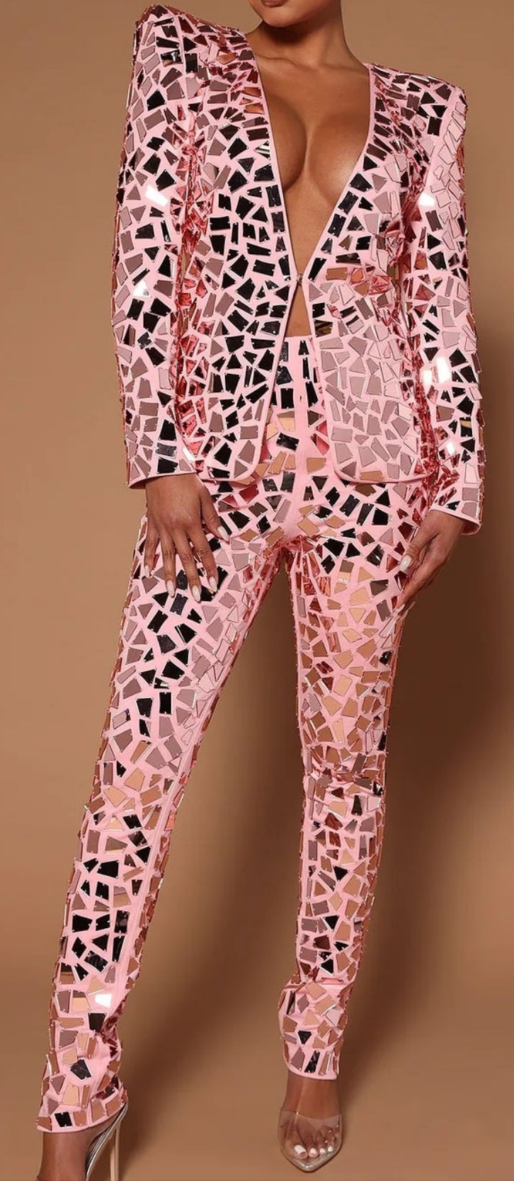COCOMONEY Deep V Neck Mirror Sequin Two Piece Pant Set