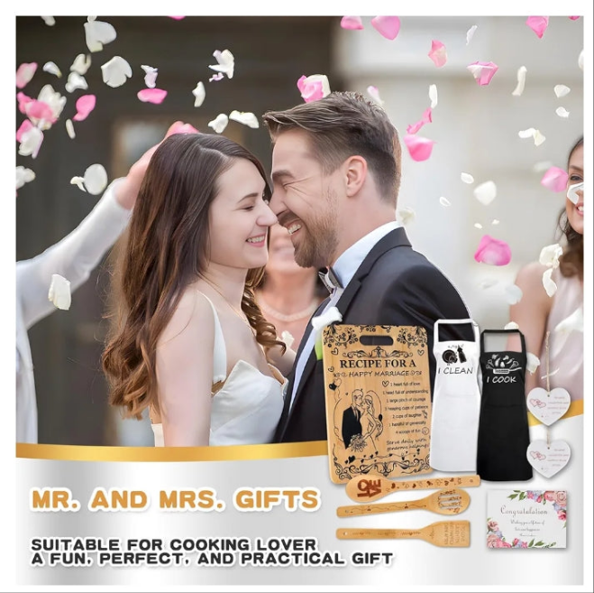 Wedding Gifts for Newlyweds Mr and Mrs Gifts Ideas Personalized Cutting Board wedding Gift Aprons, Heart Pendant Decoration, Christmas - Wedding Gifts, Couple Gifts, Anniversary (8 pcs)