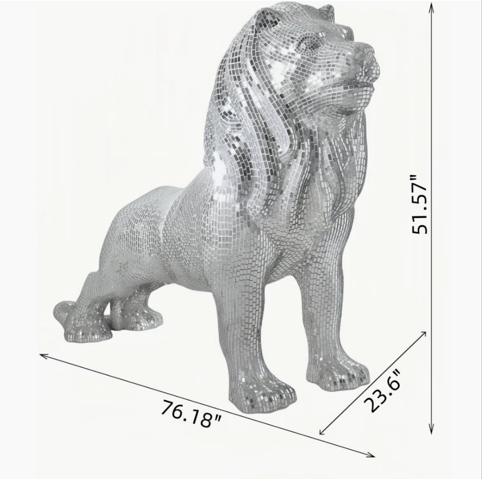 Silver Mirrored Lion Statue With mirrored Diamond Exterior