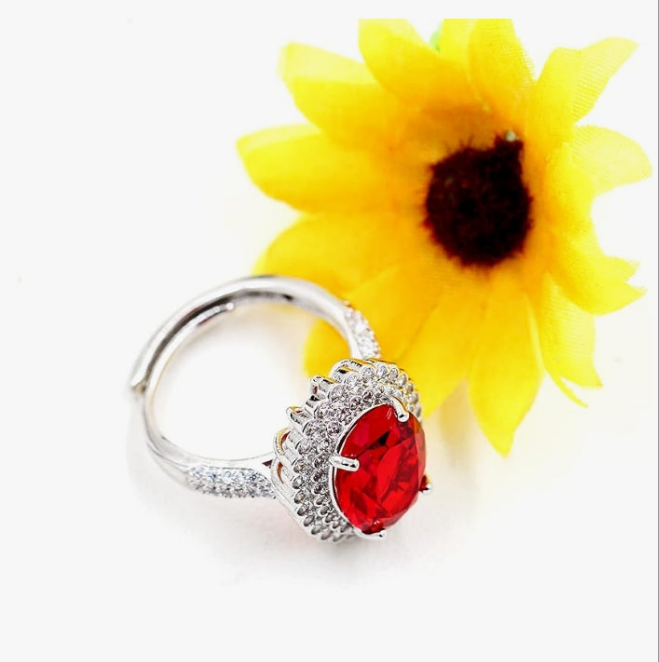 Adjustable Platinum Plated Crystal Rings, Big Oval Cubic Zirconia Ring, Solitaire Split Shank Rings Birthstone Jewelry Gifts
