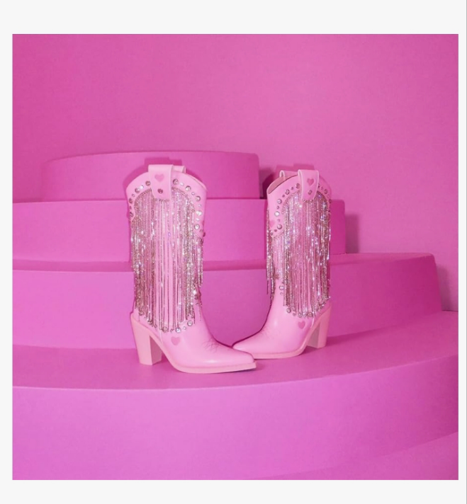 Cowbirl Boots - Vegan Leather Footwear With Rhinestone Fringe and Jewel Studs