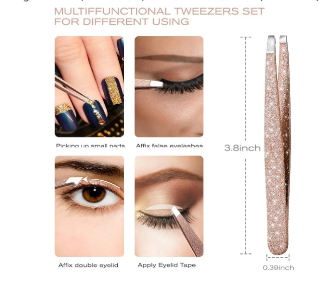 Glitter Tweezer Set 4-Piece Professional Stainless Steel Tweezers for Men and Women, Precision for Eyebrows, Ingrown Hair, Facial Hair, and Lash Extensions