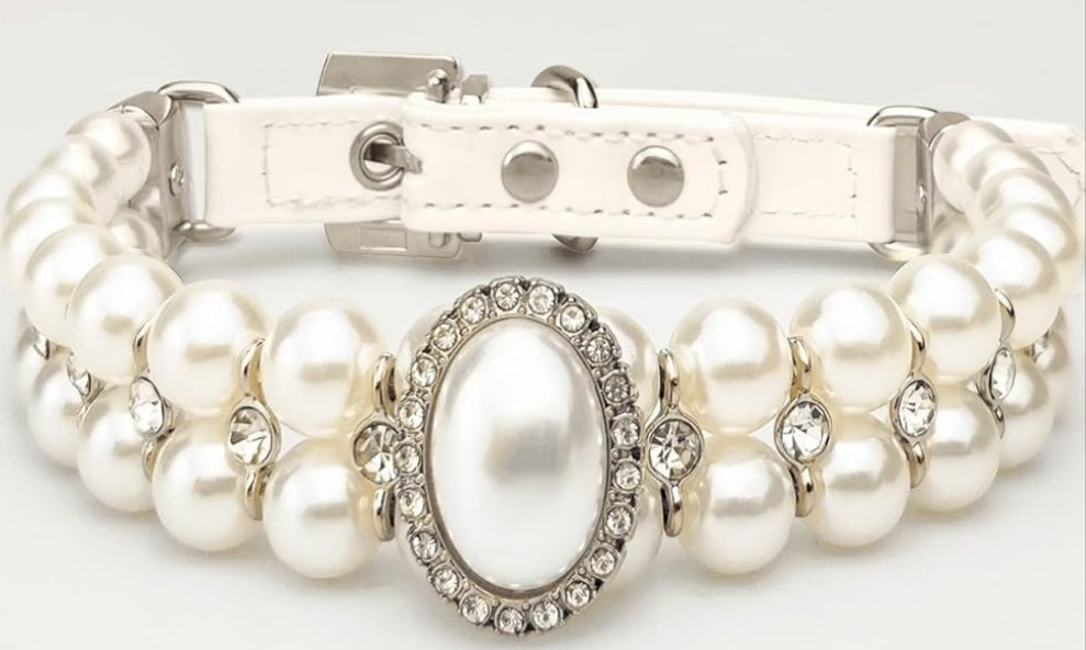 Dog Cat Big Pearl Collars with Crystal Rhinestone Diamond Décor, Adjustable Cute Fashion Pet PU Leather Necklace for Wedding Birthday Party