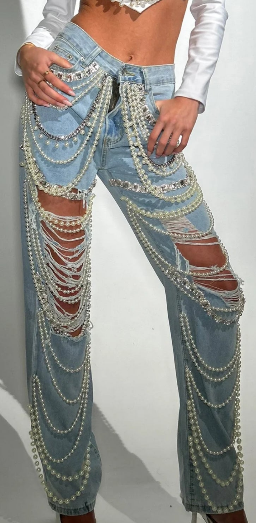 COCOMONEY Ripped Pearl Chain Rhinestone Denim Jeans-Blue