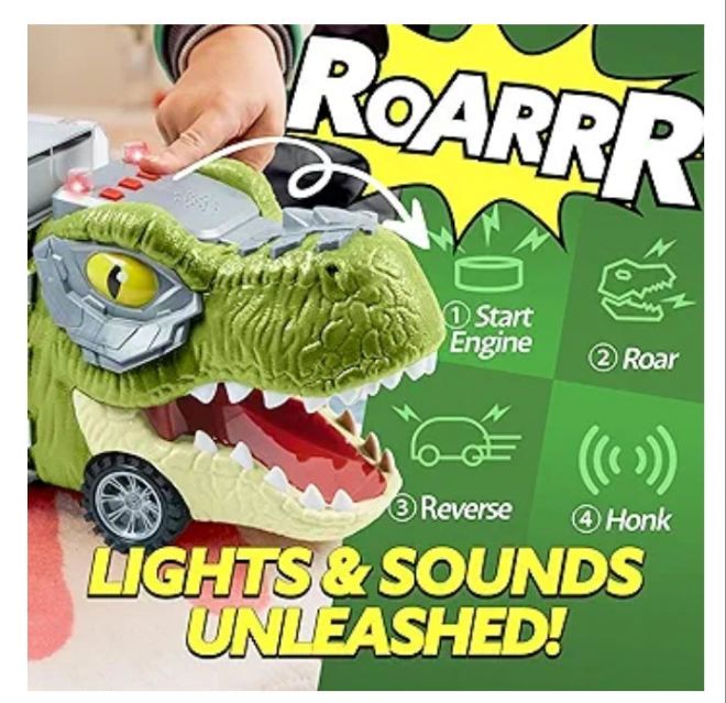 Big Dinosaur Transport Carrier Truck with Mini Dinosaur Car Set
13 in 1 DINOSAUR TRUCK: Our unique designed tyrannosaurus transport truck includes 1 big dinosaur carrier truck with sound button, lights,8 mini dinosaur pull back cars,3 mini Die-cast dinosa