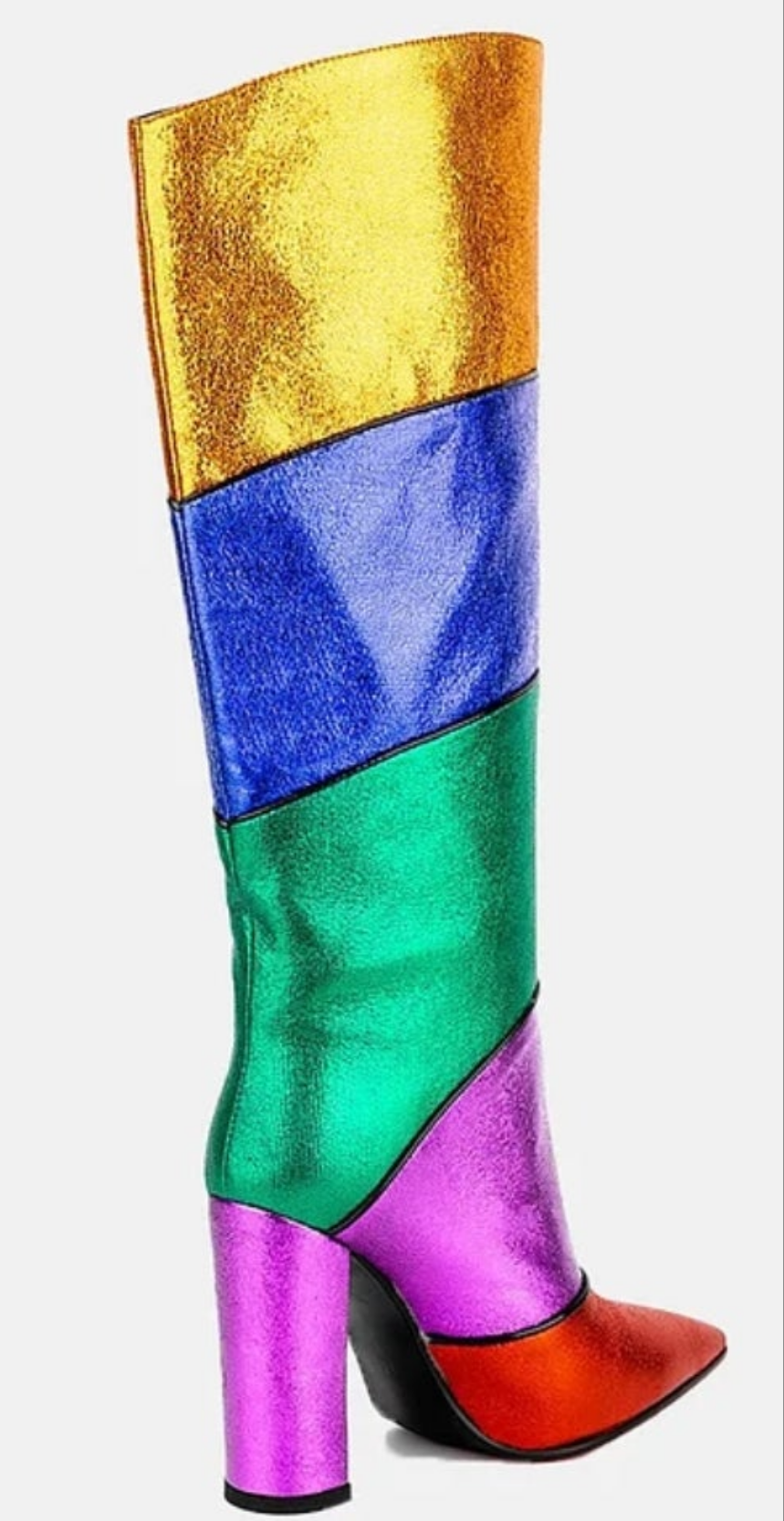 Metallic Colorblock Pointed Toe Chunky Heel Boots-Rainbow
