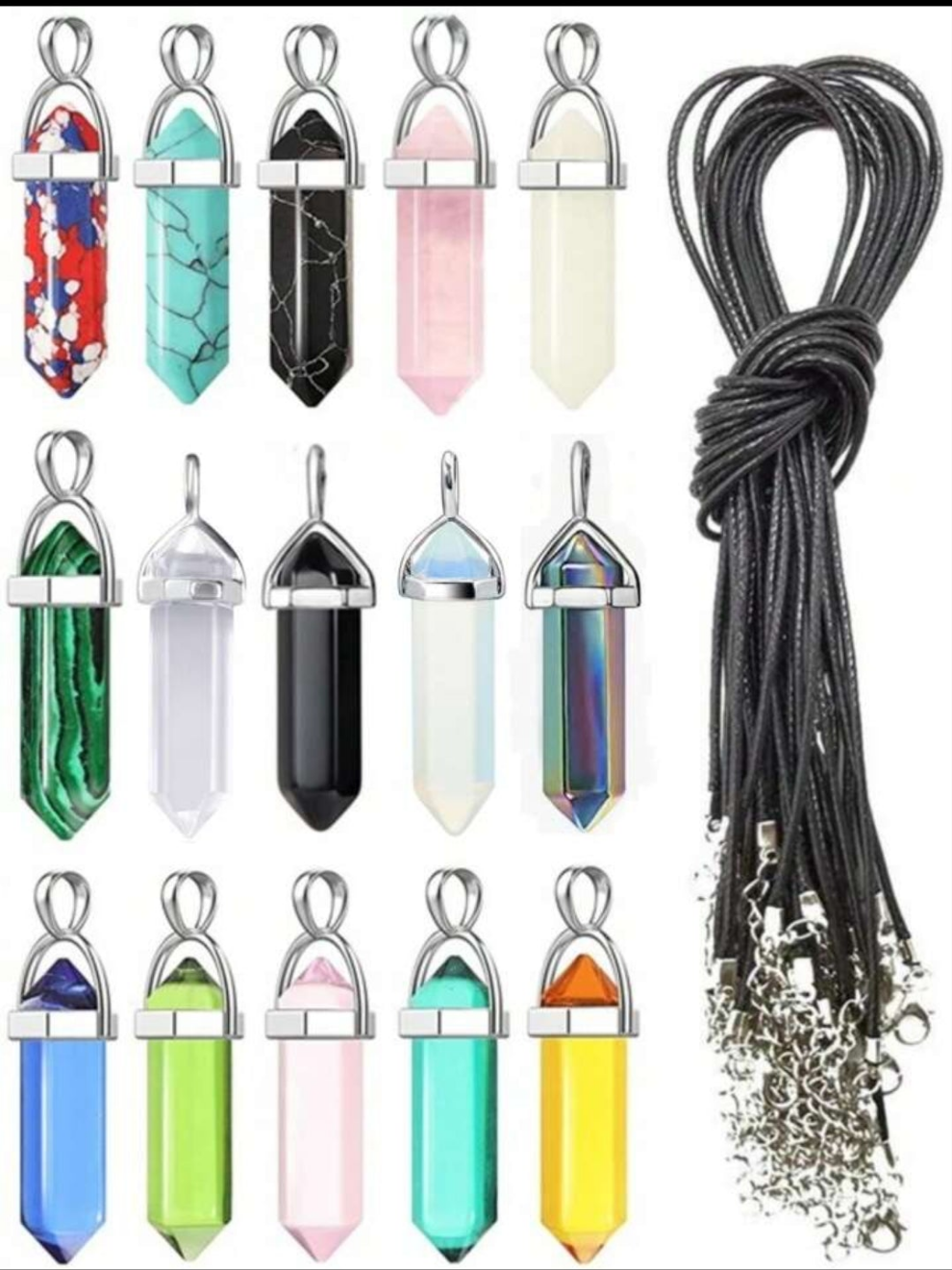 15pcs Crystal Hexagonal Column Pendant With 15pcs Black Chain