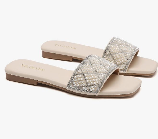 Women Rhinestone Sandals Pearl Decor Slip on Bling Sandals Daily Casual Beach Summer Flat Shoes