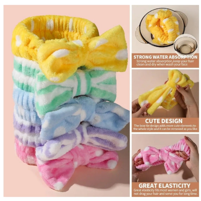 5pcs Makeup Headband with Removable Bow, Spa Headband for Washing Face, Makeup, Shower, Microfiber Headband