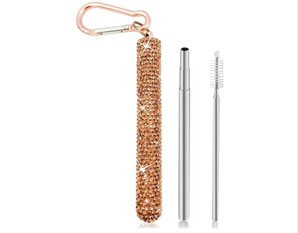 1 Pack Rhinestone Collapsible Stainless Steel Straw, Portable Straw with Cleaning Brush, Metal Reusable Drinking Straw with Bling Case for Travel(Iridescent)